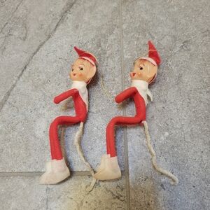 2 Vtg Japan Christmas Ornament Knee Hugger Elf Pixie Red Pointed Ears 5"